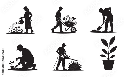 Gardening Silhouette Icons for Planting, Landscaping, and Yard Work.