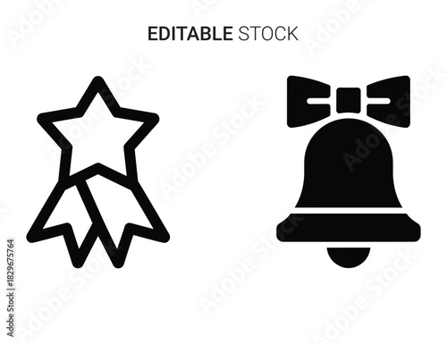 Beautiful silhouette vector of set of two black outline icons star ribbon award and christmas bell
