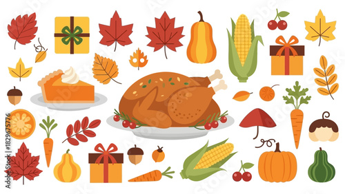 A vector illustration set of autumn icons and healthy vegetable and fruit food collection symbols