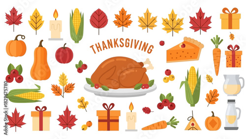 Collection of autumn food, leaf, and vegetable vector illustrations for fall season design elements