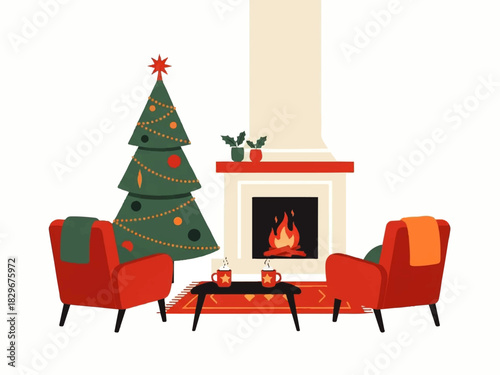 Cozy Christmas living room scene with a decorated tree, fireplace with burning logs, two armchairs, and a coffee table with mugs.