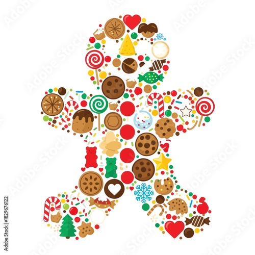 Gingerbread Man Shape Made of Various Christmas Candies and Cookies.
