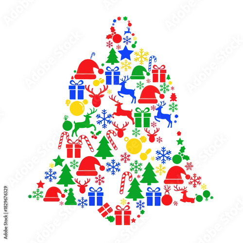 Christmas Bell Shape Composed of Festive Icons.