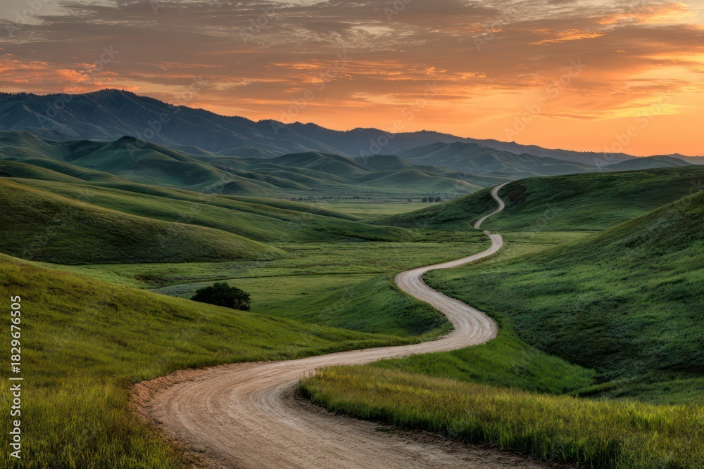 Fototapeta premium Sunset Landscape Winding Path Unpaved Road Rolling Terrain