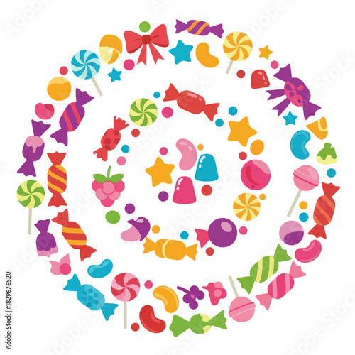 Colorful Candy Swirl Illustration with Various Sweets and Treats.