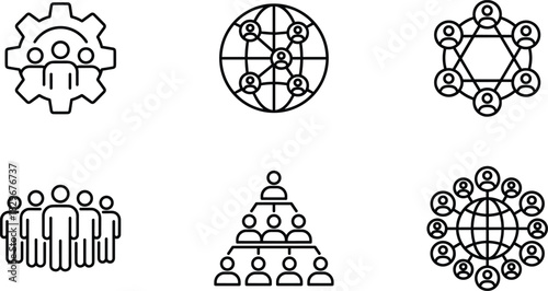Teamwork and global collaboration icons showing connected people, community leadership, organizational structure, worldwide network communication, and group management symbols
