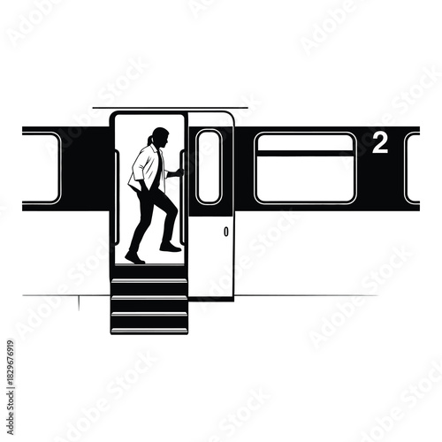 Silhouette of a person boarding a train, isolated on white background, capturing the essence of travel, commuting, and the dynamic movement of urban life