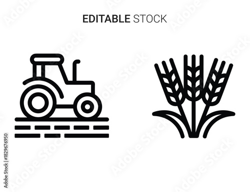 Beautiful silhouette vector of set of two black line icons tractor and wheat isolated on