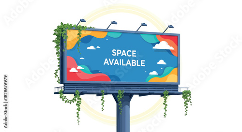 A colorful billboard with "SPACE AVAILABLE" text, surrounded by green vines, against a white background, representing advertising opportunities.