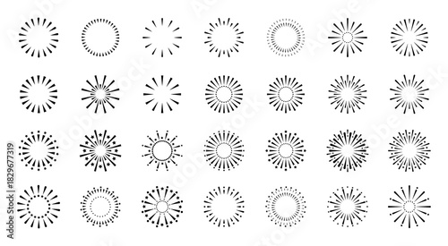 A set of fireworks icons, vector illustration, isolated on a white background. A graphic icon, a festive element for a design, postcard, poster, Christmas, holiday. Sparks, lights, explosions, flashes