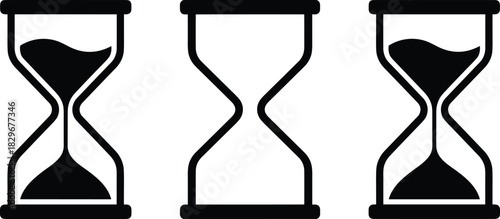 Hourglass icons showing time passing, countdown symbols, classic sand timer illustration, deadline reminder graphics, and waiting process icons