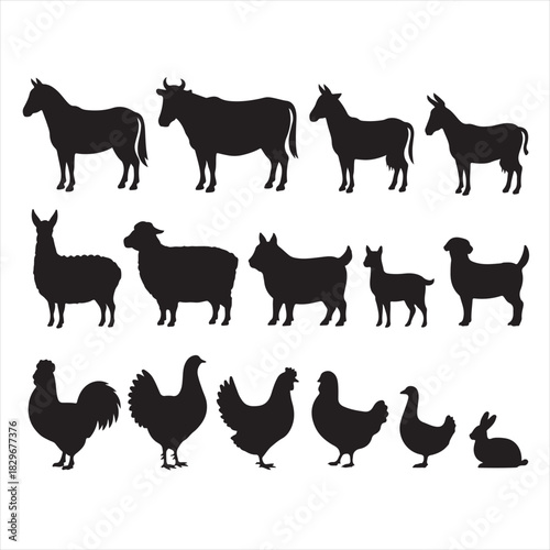 Collection of farm animal silhouettes on a white background