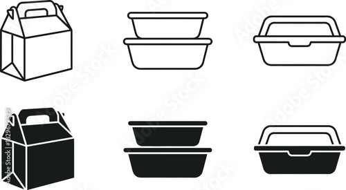 Food container icons showing takeaway packaging, meal prep boxes, lunch containers, disposable food trays, and restaurant delivery packaging symbols