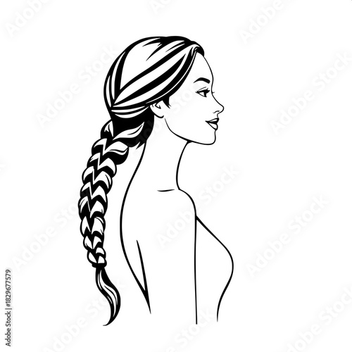 Modern minimal silhouette of a woman with delicate facial features and smooth skin tone looking to the right, her long hair tied into a prominent and intricate braid that flows diagonally across her b
