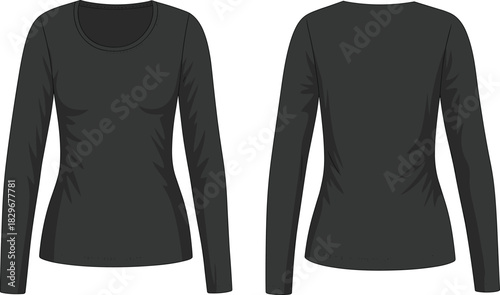 Black long sleeve women’s shirt front and back view template for apparel design, fashion mockup, cad drawing flat vector illustration