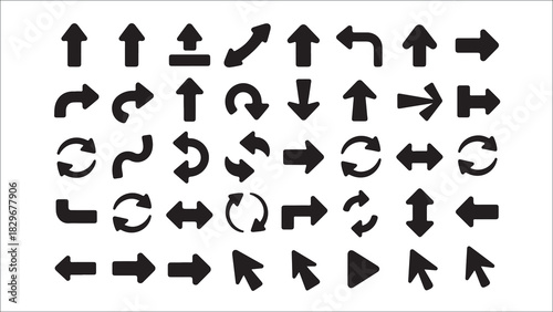 Collection of black directional arrows and cursors on a white background