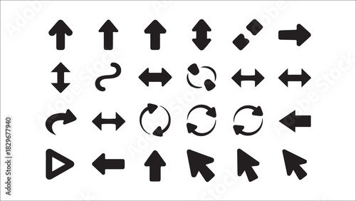 Collection of diverse arrow icons and symbols in black and white