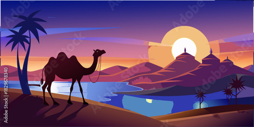 A Spiritual Journey in the Holy Month: A Ramadan Sunset Desert Illustration. A visualization of beauty. Perfect for a Ramadan greeting banner, mosque website header, or Eid al-Fitr card.