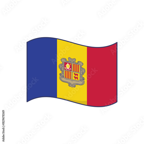 Waving national flag of Andorra, displaying its vertical blue, yellow, and red stripes along with the central coat of arms. A vibrant symbol of national identity