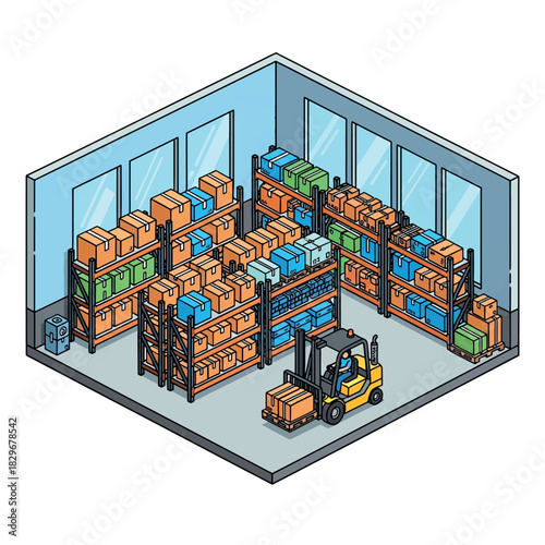 Isometric illustration of a busy warehouse interior with shelves full of boxes and a forklift moving goods.