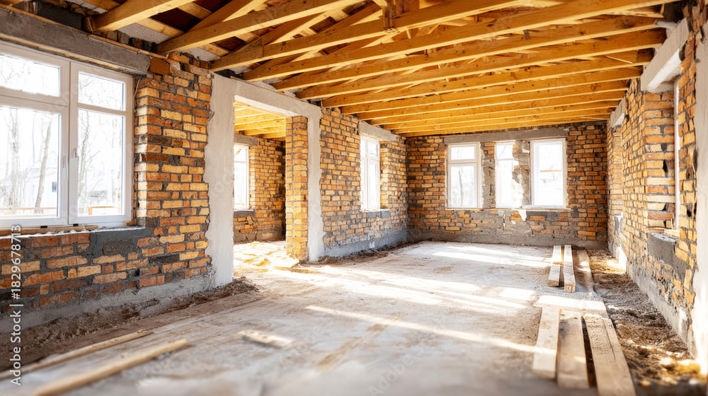 Fototapeta premium Unfinished brick house interior with bare concrete floor, wooden ceiling beams, and new windows during construction