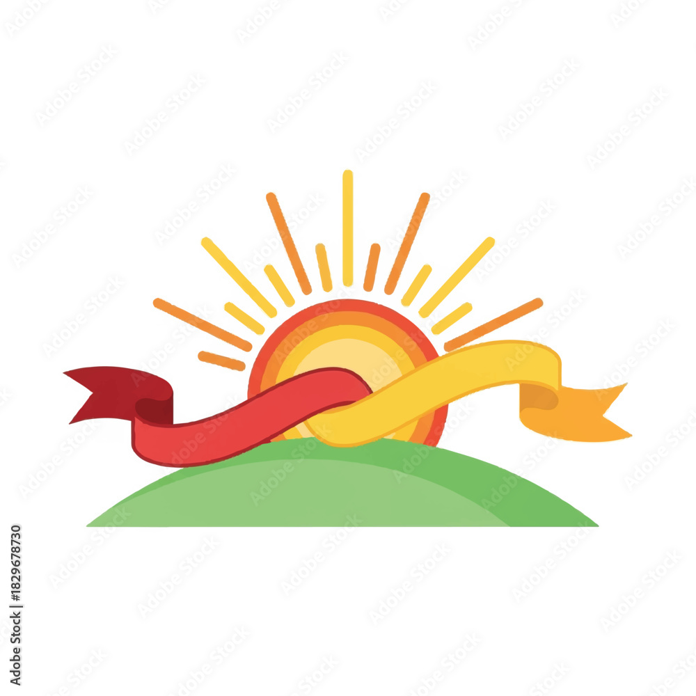 Obraz premium Sunrise Over Green Hills With A Ribbon Banner