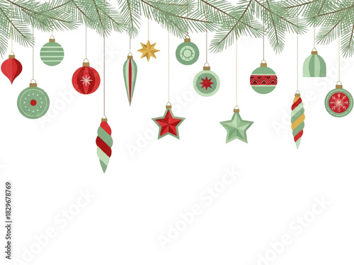 Christmas decoration featuring hanging ornaments in shades of green and red, including balls, stars, and icicles, suspended from pine branches against a white background.