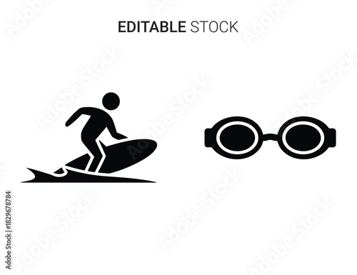 Beautiful silhouette vector of surfer icon and swimming goggle icon isolated on