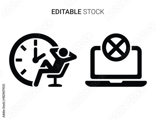 Beautiful silhouette vector of black and white icon set showing time off and computer error isolated on