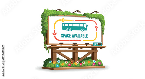 Eco-friendly billboard advertising space available for bus route transportation with GPS tracking, surrounded by green foliage and flowers.