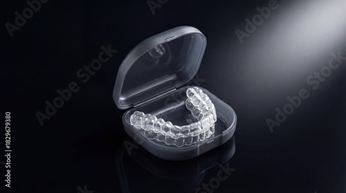 Dental aligner displayed in a clear case on a dark background with focused lighting highlighting its details