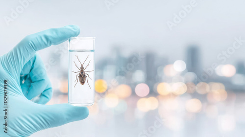 Scientist in blue glove holding insect specimen in test tube for entomological research in urban environment