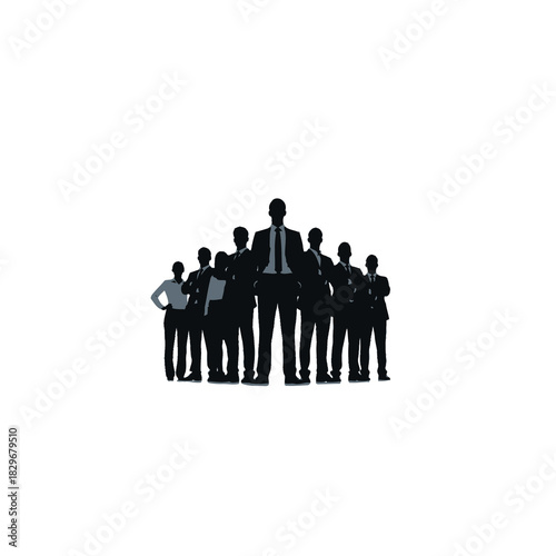 A group of business people standing together isolated on white background, symbolizing teamwork, leadership, and corporate success in a competitive environment