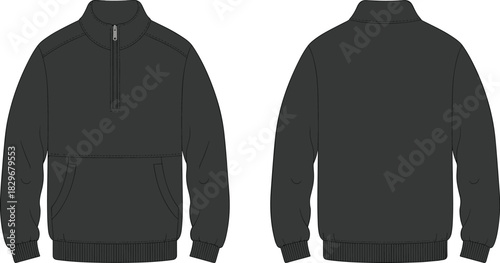 Black half zip sweatshirt front and back view template with kangaroo pocket for apparel mockup and fashion design, cad drawing flat vector illustration