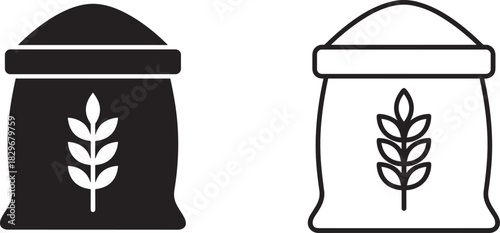 Set of grain bag icons featuring wheat symbols, agricultural storage sack illustrations, farm harvest packaging design elements for food industry use