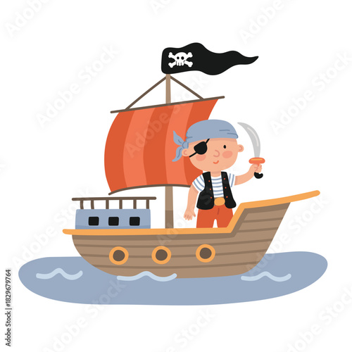 A cartoon pirate holding a sword on a wooden ship with red sails and a black flag, vector flat style.