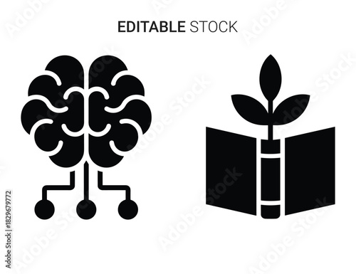 Beautiful silhouette vector of set of two icons brain with circuit and book with plant isolated on