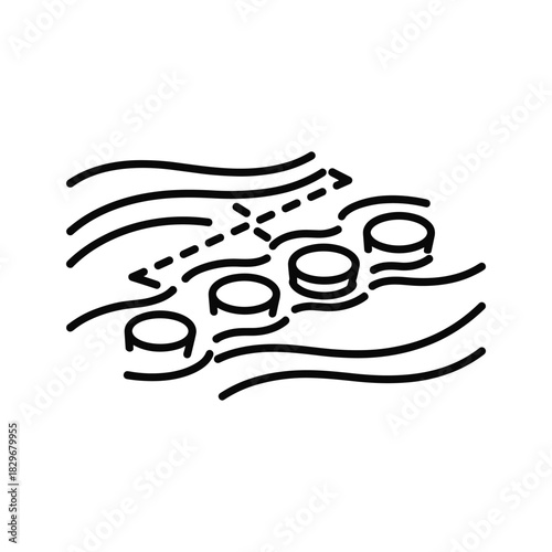 Path with obstacles icon depicting progress and challenge over wavy lines, conceptual illustration graphic