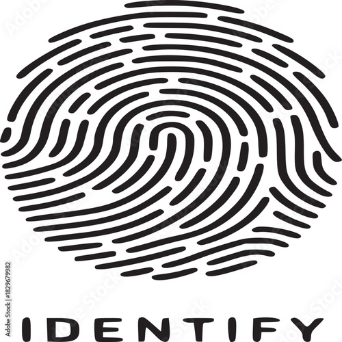 A black fingerprint with the word identify below it on a white background in a simple graphic style