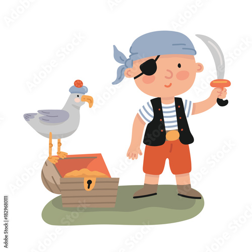 A cartoon boy dressed as a pirate, with an eyepatch and a saber, stands near a treasure chest and a seagull. Flat style. Vector illustration for a greeting card or party decor.