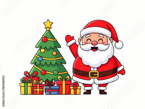Cartoon Santa Claus cheerfully waves next to a decorated Christmas tree with gifts underneath on a white background.