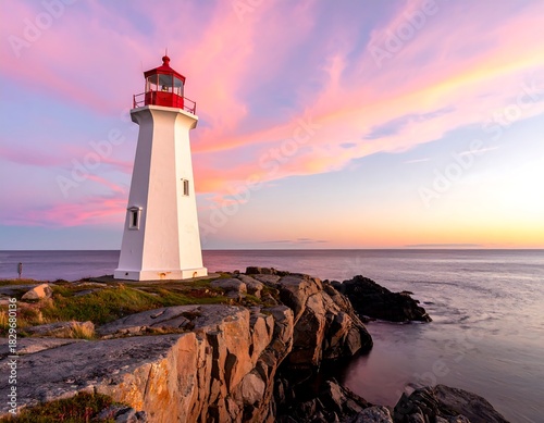 White lighthouse with red top on rocky coast at sunset with pink and purple clouds over a calm ocean