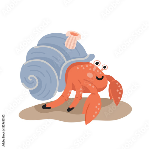 Cute cartoon "Hermit Crab" carrying a shell on a sandy beach. Flat style, sea animal concept for children's design.