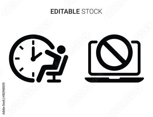 Beautiful silhouette vector of icon set showing time management restriction and computer access denial