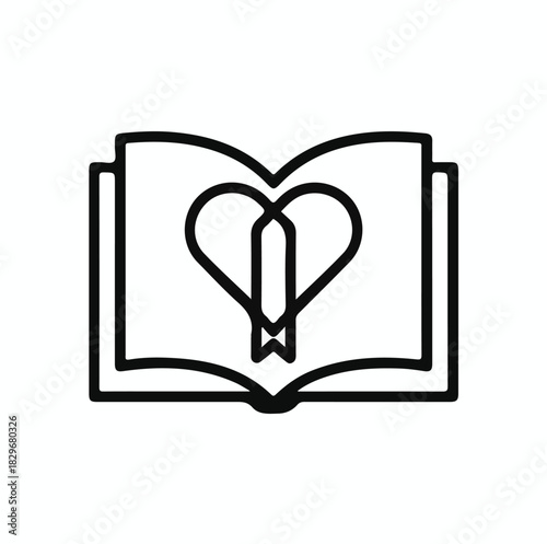 Minimalist Book and Heart Icon – Black Line Drawing of Open Book with Ribbon Heart on White Background
