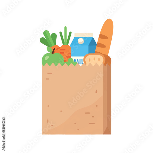 A brown paper grocery bag filled with fresh produce, milk, and bread, illustrating a typical shopping haul.