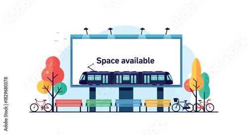 A vector illustration of a large billboard with "Space available" above an elevated train track, benches, trees, and bicycles.