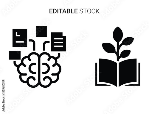 Beautiful silhouette vector of brain process and book with growing plant icons isolated on