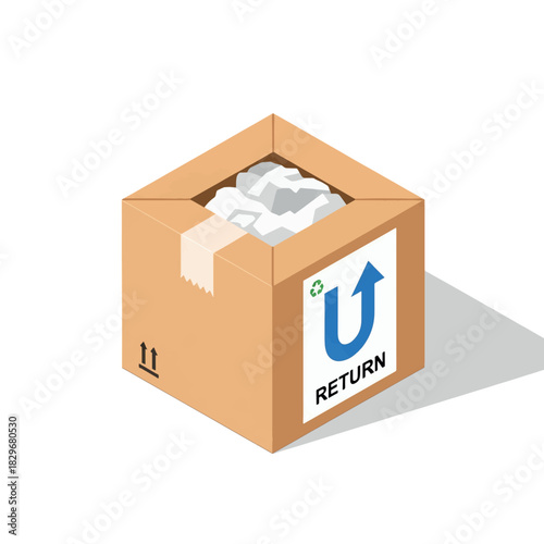 Isometric illustration of a cardboard return box filled with crumpled paper, featuring a 'RETURN' label and recycling symbol.
