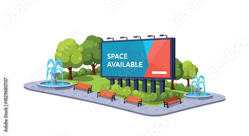 A cartoon illustration of a park with a large billboard displaying "SPACE AVAILABLE" surrounded by trees, benches, and fountains, rendered in a flat vector style.